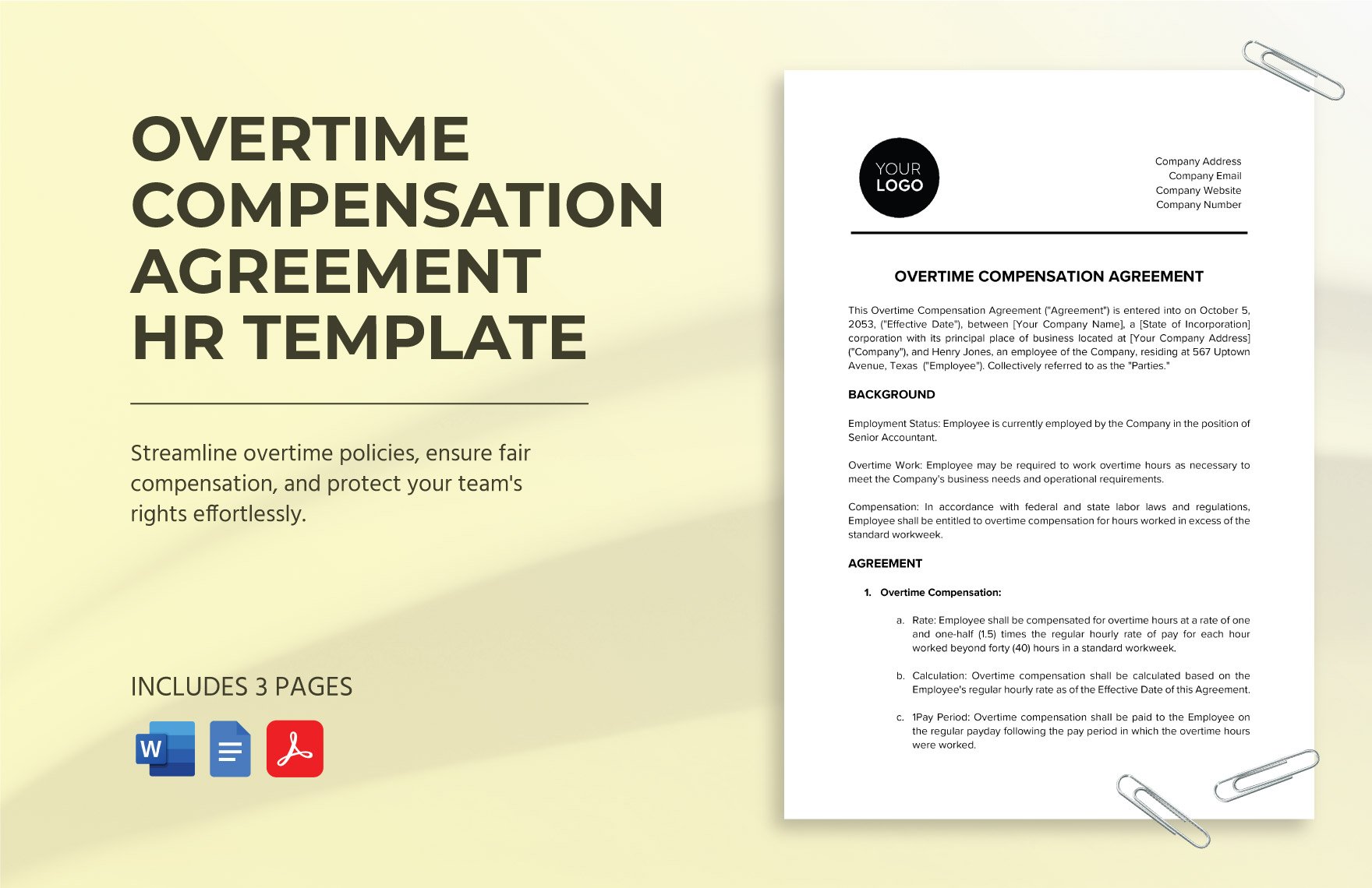 Overtime Compensation Agreement HR Template