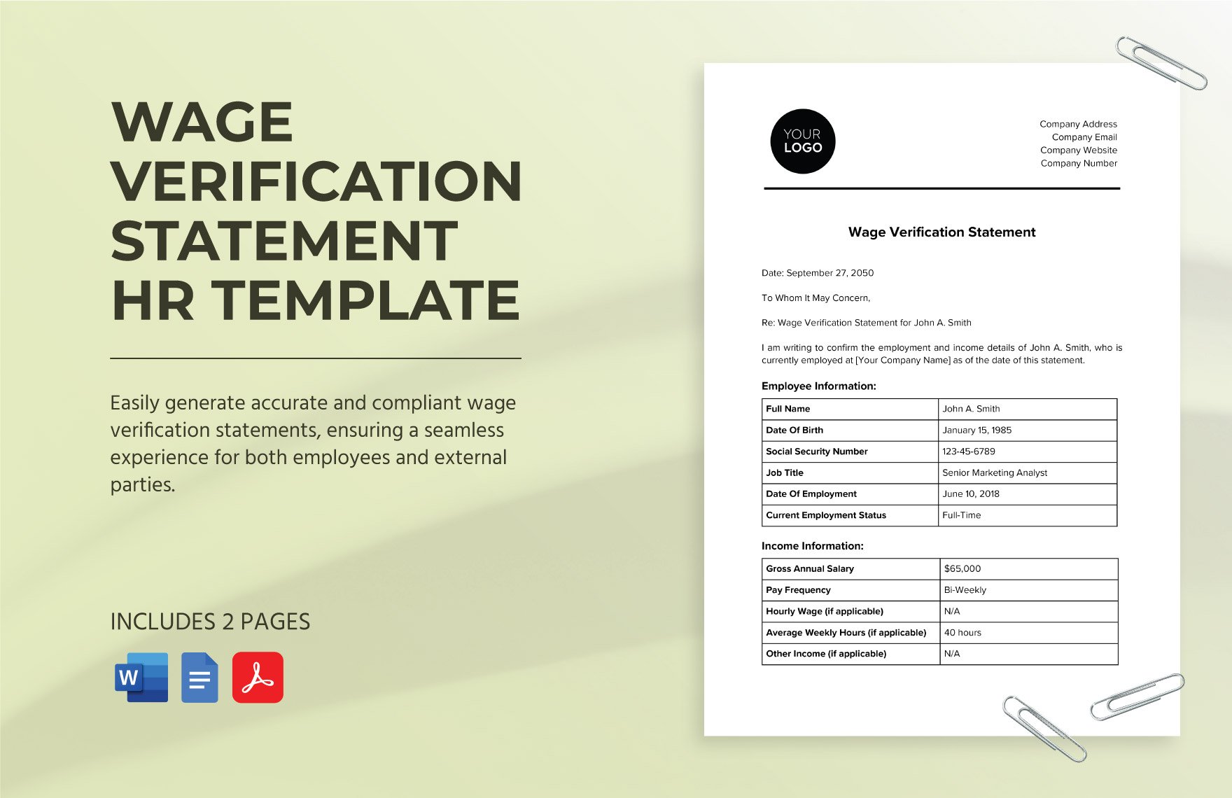 Wage Verification Statement HR Template in Word, Google Docs, PDF