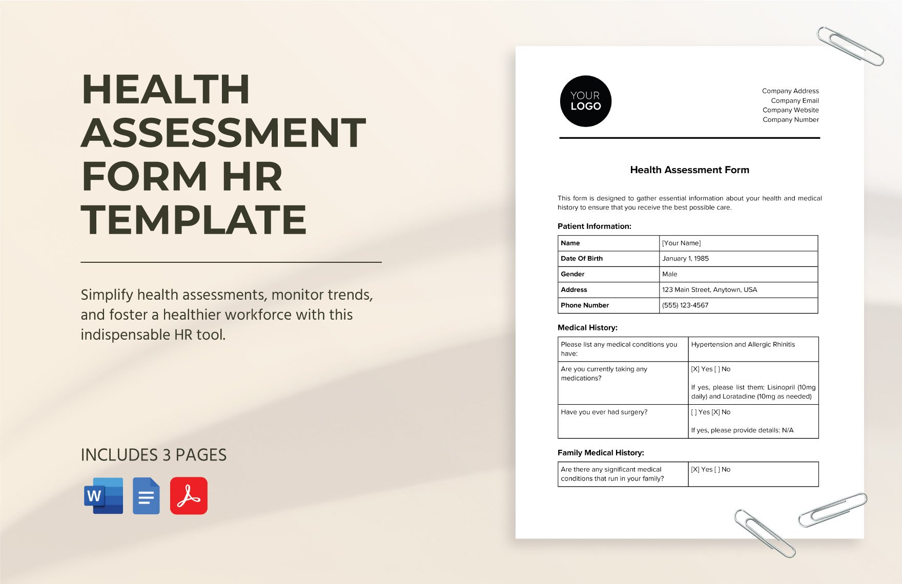 Health Assessment Form HR Template in Word, Google Docs, PDF