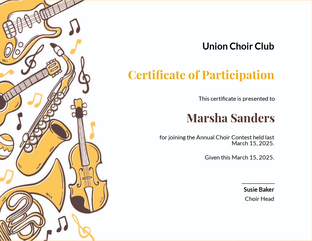 Free Choir Certificate of Participation Template - Google Docs, Illustrator, InDesign, Word, Apple Pages, PSD, Publisher