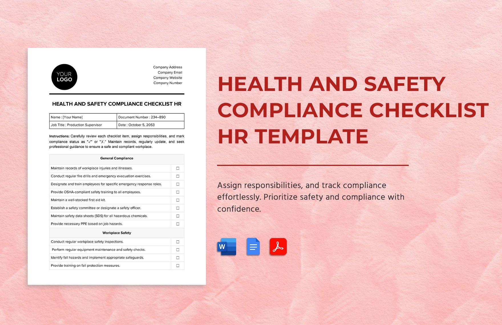 Health and Safety Compliance Checklist HR Template in Word, Google Docs, PDF