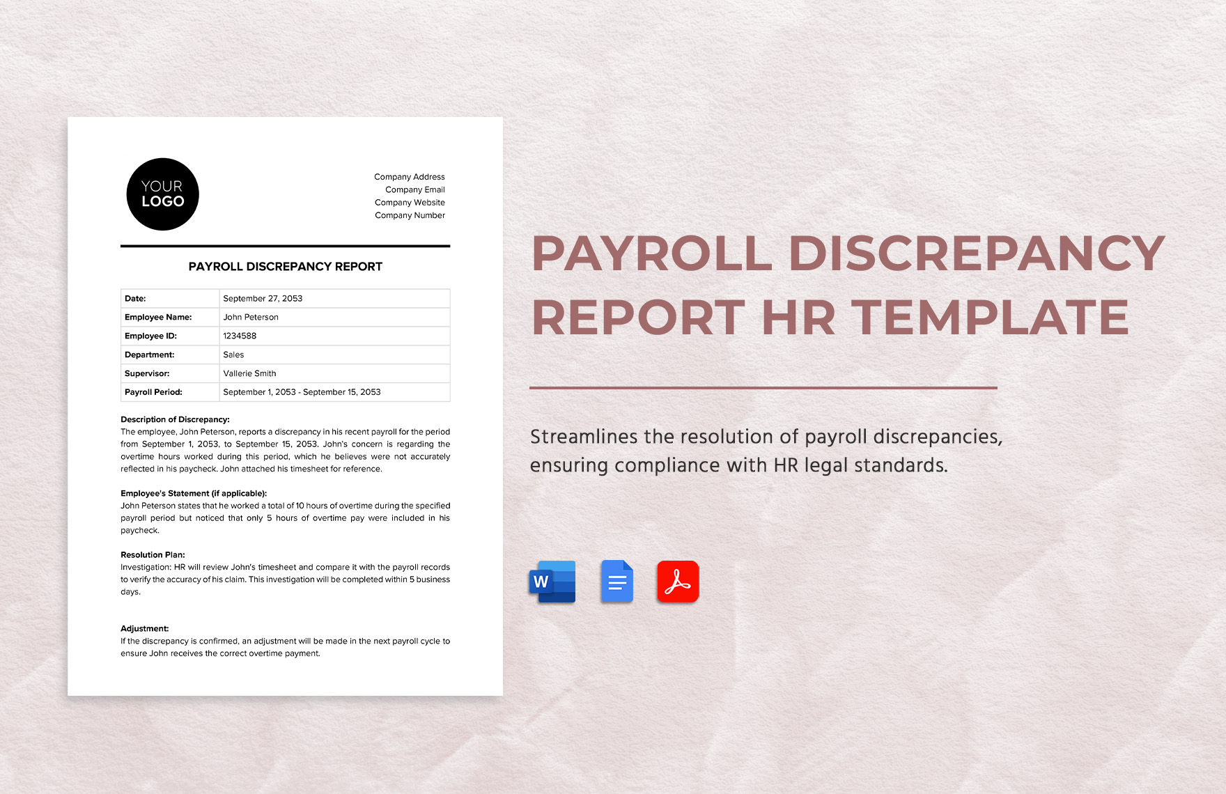 Payroll Discrepancy Report HR Template