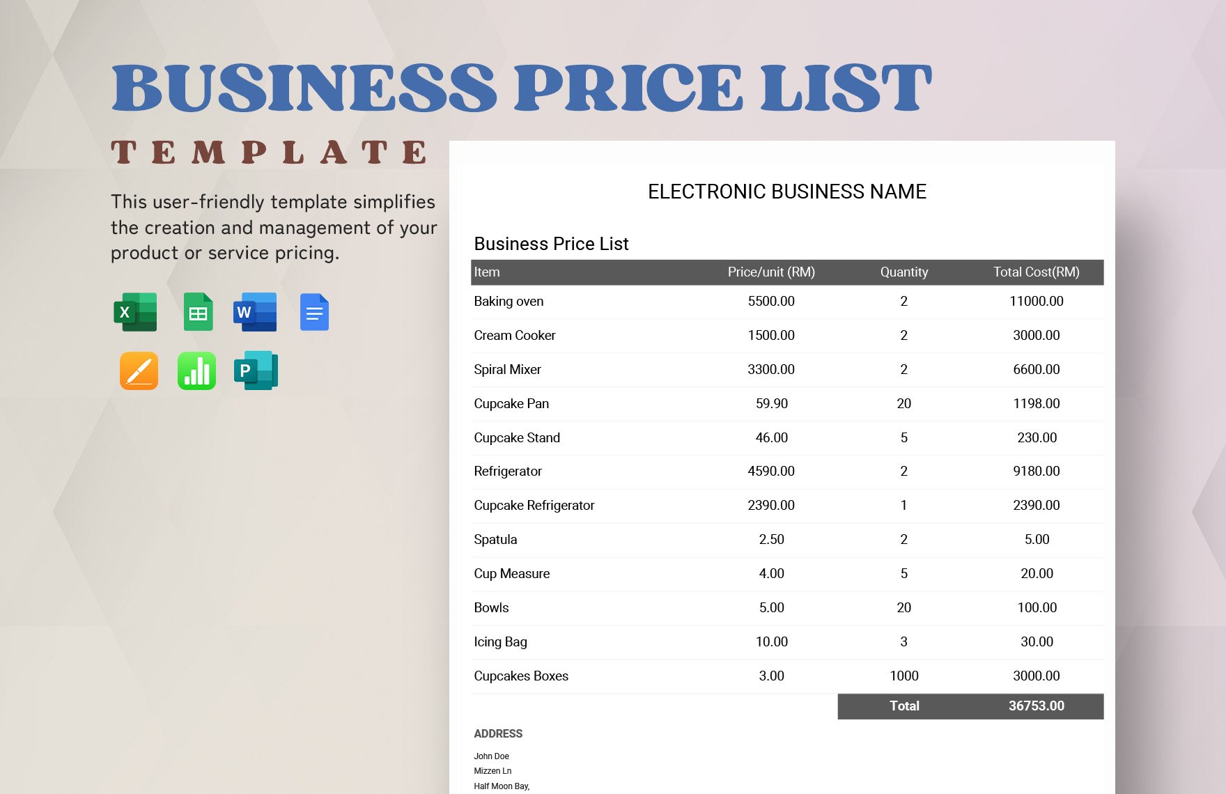 Business Price List Template