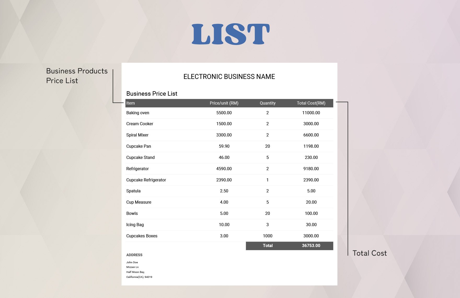 Business Price List Template