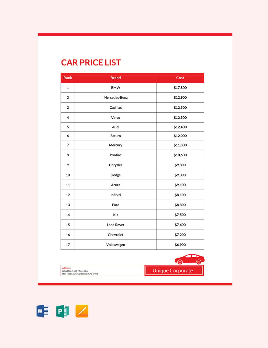 Free Car Price List Template