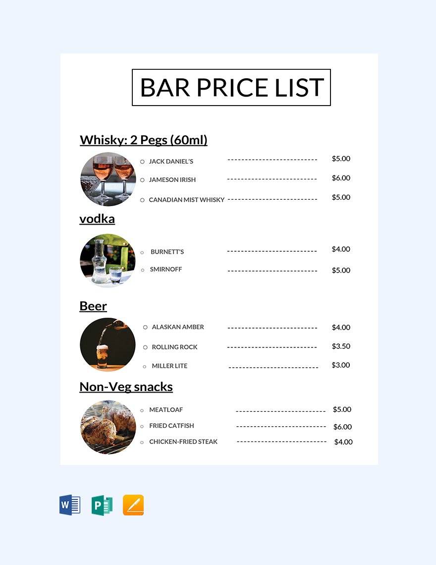 Bar Price List Template
