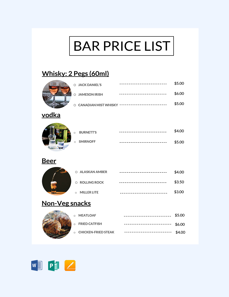 Bar Price List Template in Pages, Word, Publisher, Google Docs - Download | Template.net