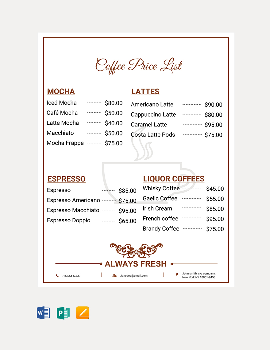 Free Price List Template Google Docs, Word, PDF