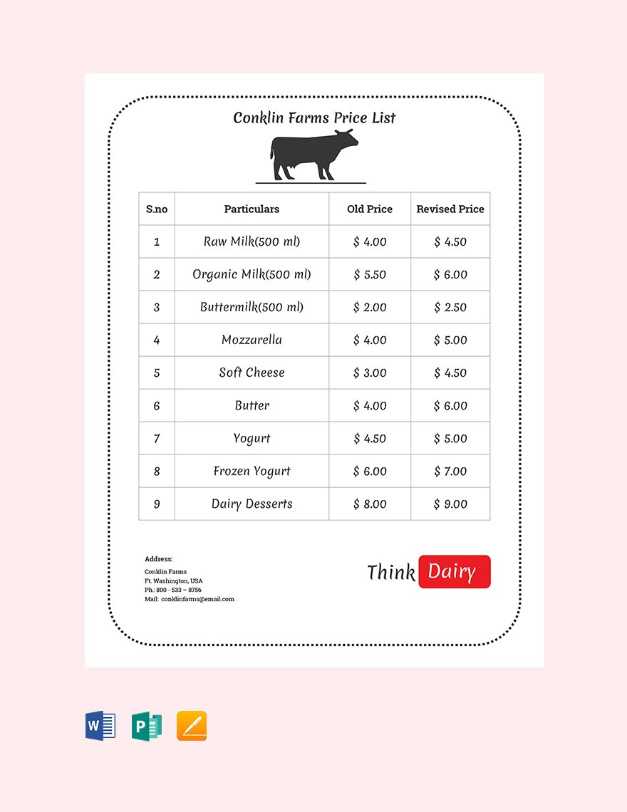 Dairy Farm Price List Template