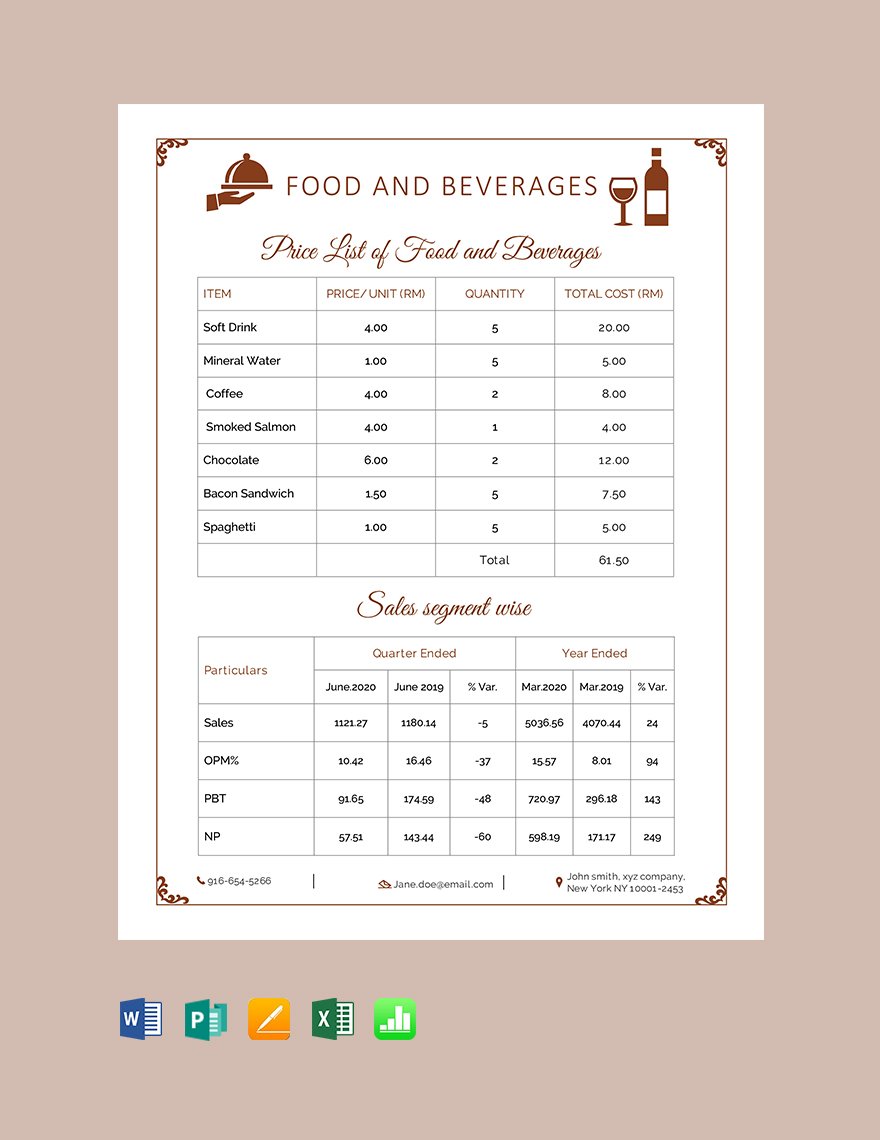 Food & Beverage Price List Template