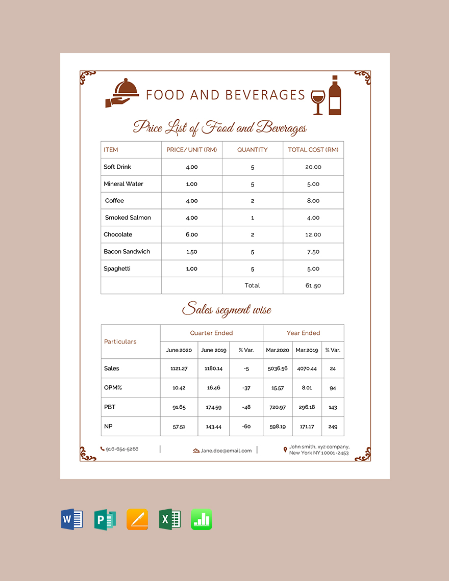 Food & Beverage Price List Template in Google Sheets, Word, Apple Numbers, Pages, Excel, Publisher, Google Docs - Download | Template.net