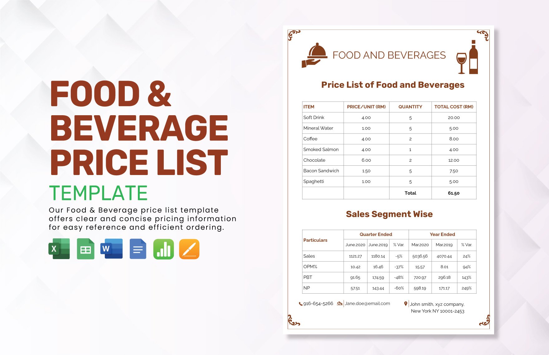 Food & Beverage Price List Template in Word, Google Docs, Excel, Google Sheets, Apple Pages, Publisher, Apple Numbers