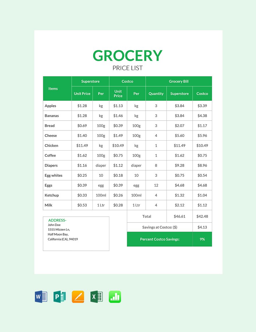 Free Grocery Shop Price List Template