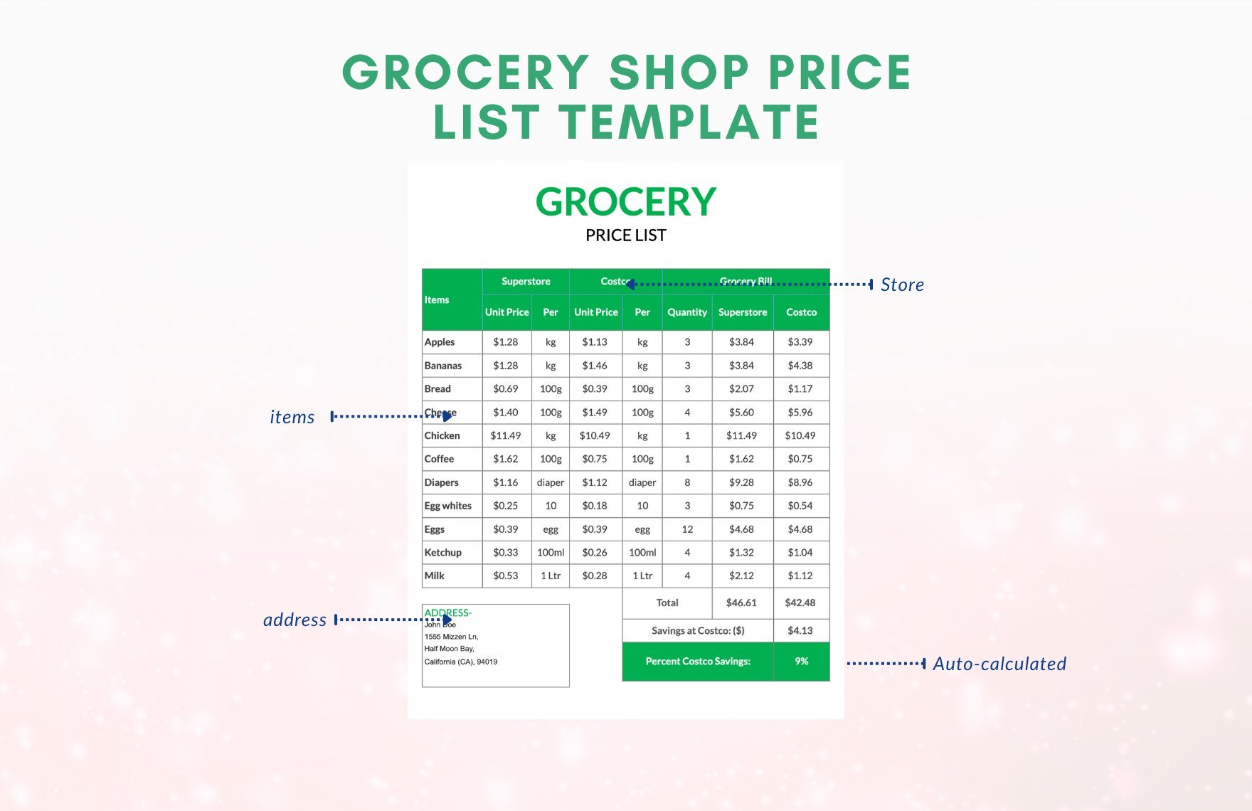 Grocery Shop Price List Template