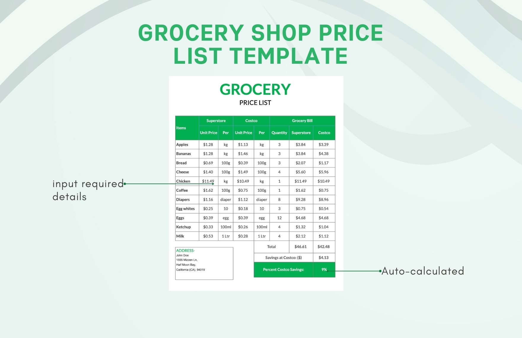 Grocery Shop Price List Template