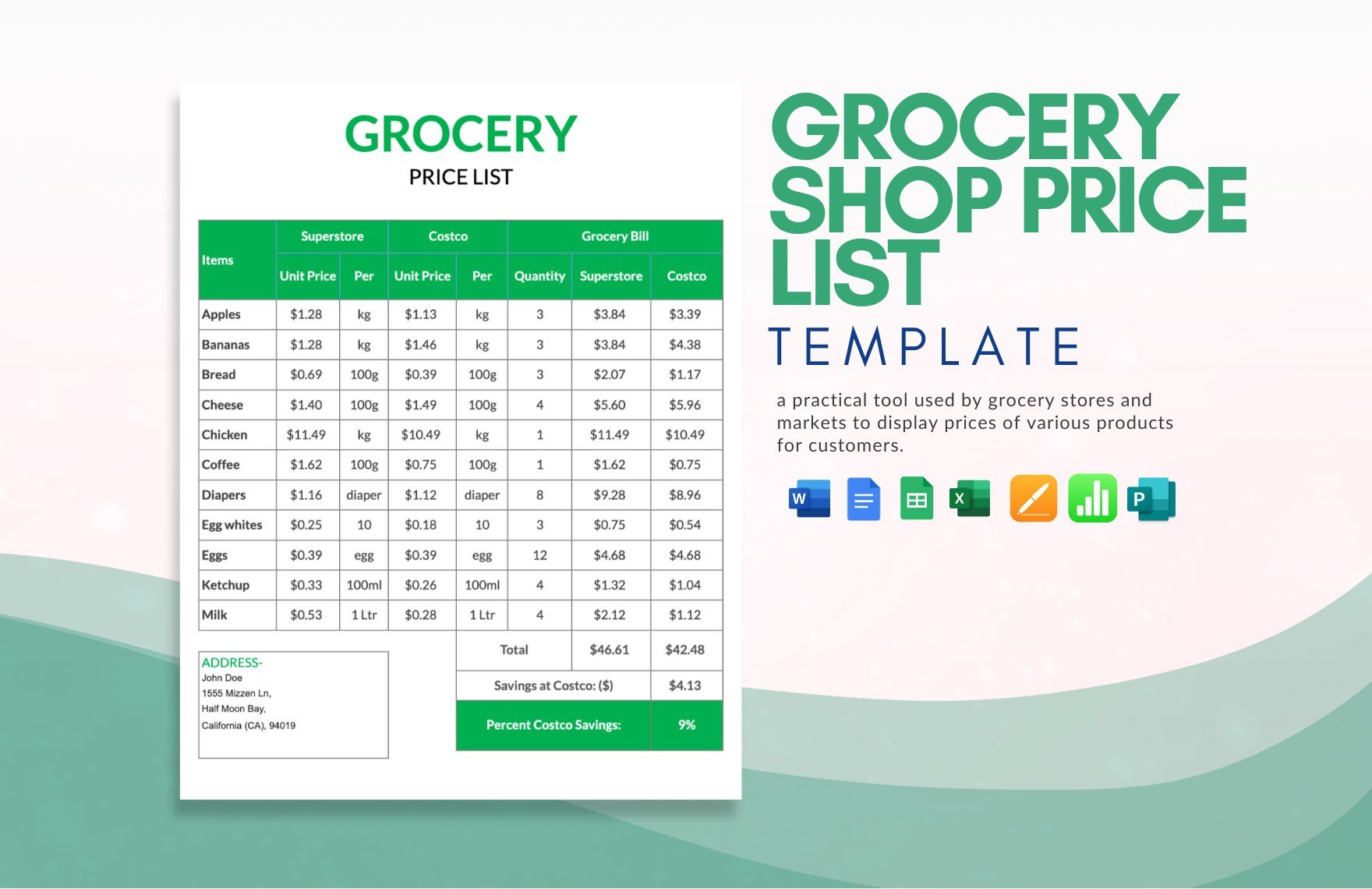 Free Grocery Shop Price List Template in Word, Google Docs, Excel, Google Sheets, Apple Pages, Publisher, Apple Numbers