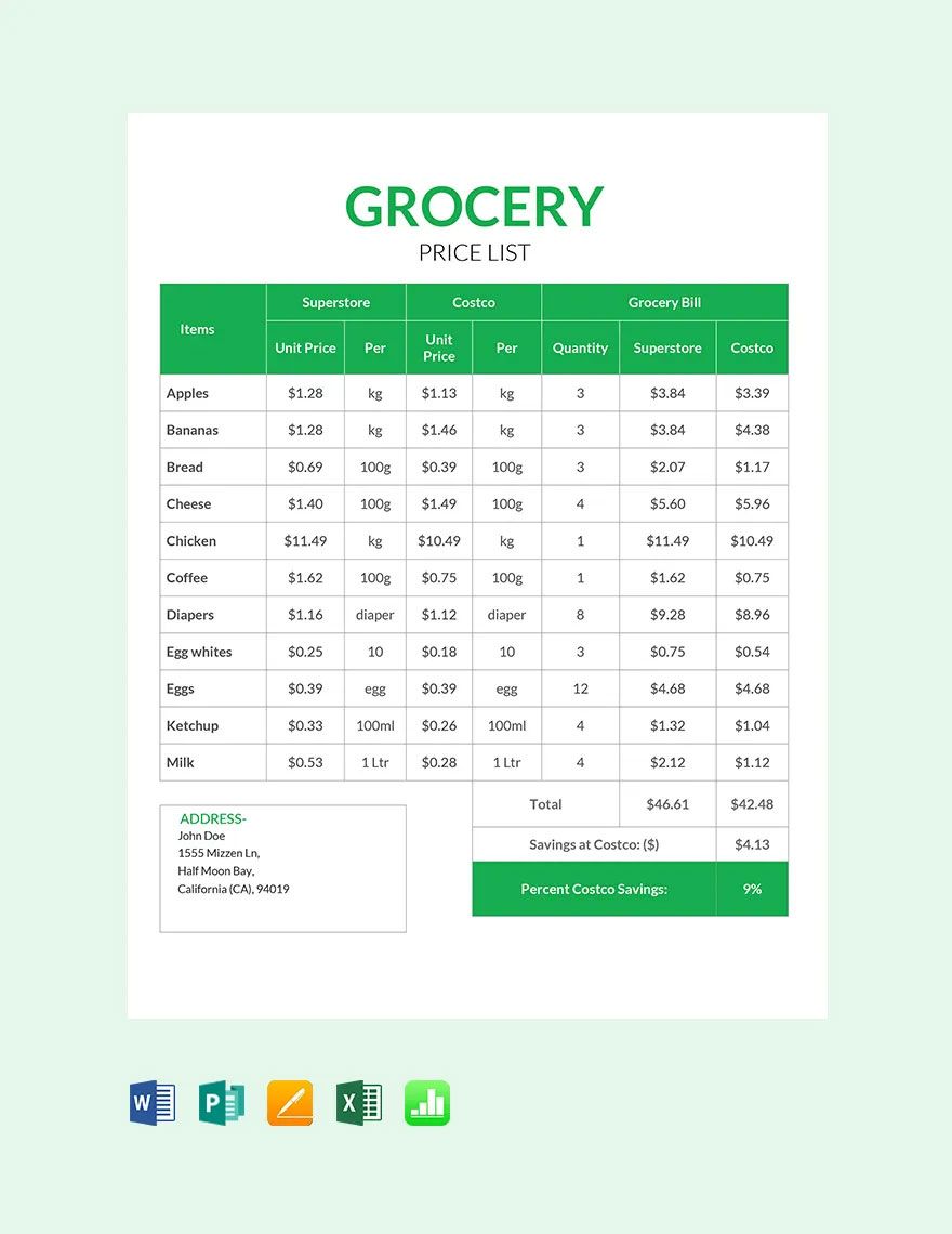 Price List Template Google Docs