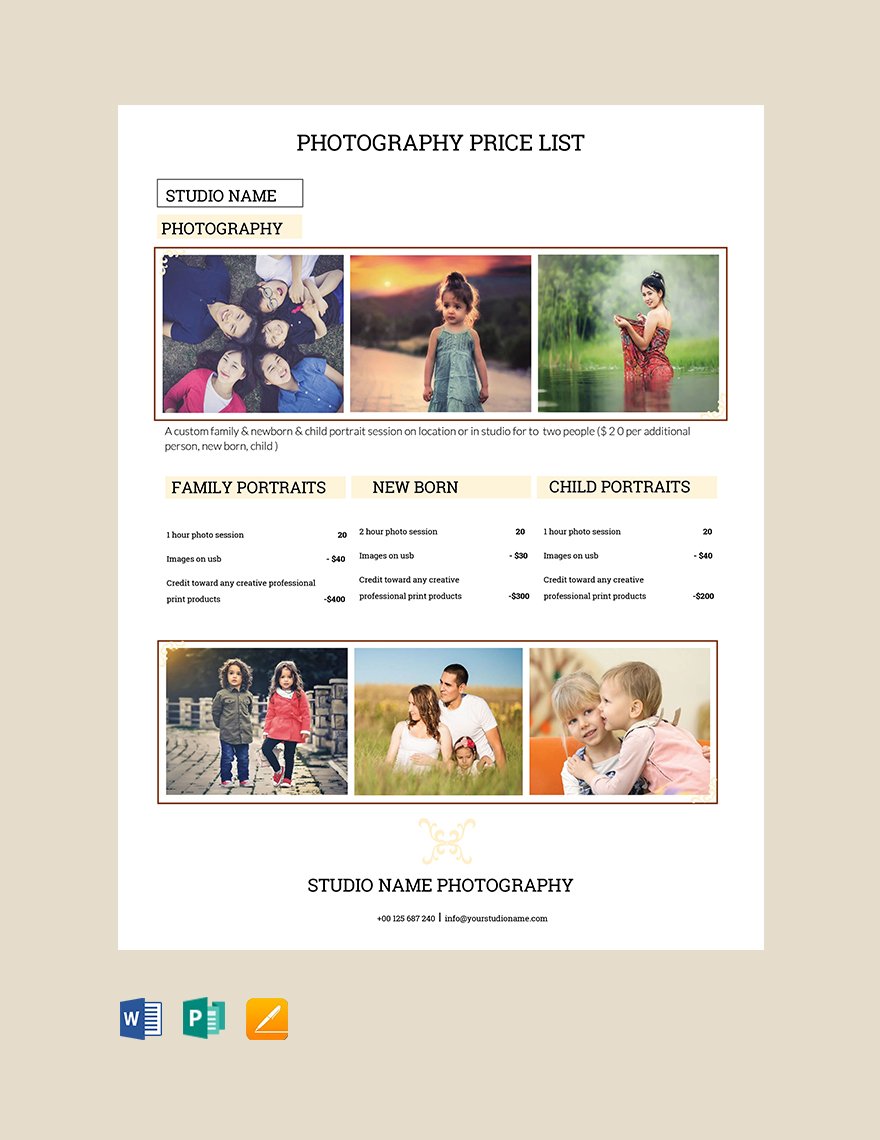 Sample Photography Studio Price List Template