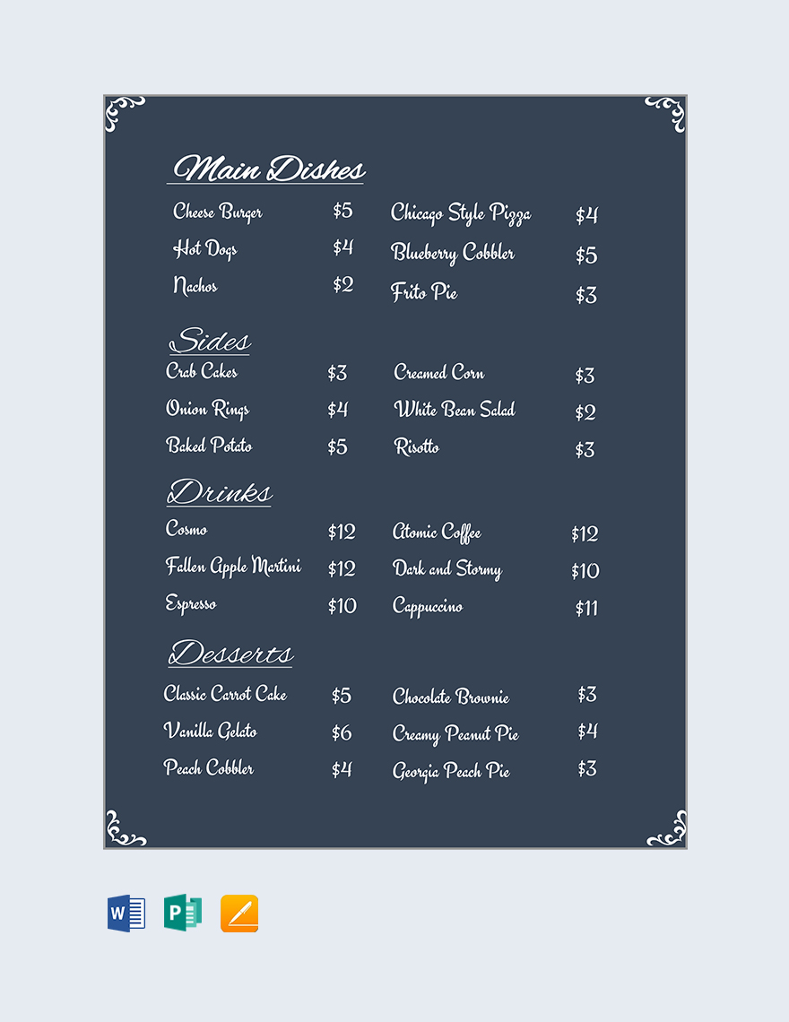 Restaurant Menu Price List Template In Pages Publisher Word Google 