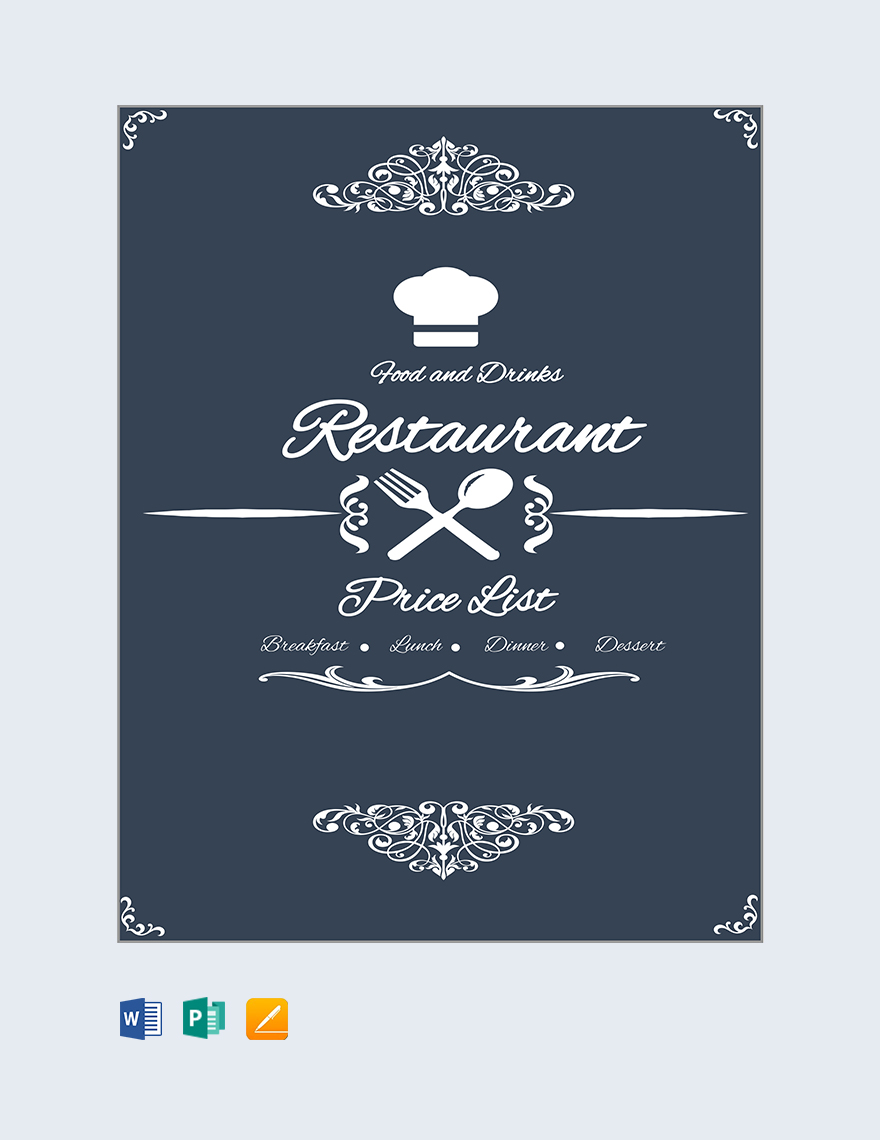 Restaurant Menu Price List Template in Word, Google Docs, Apple Pages, Publisher