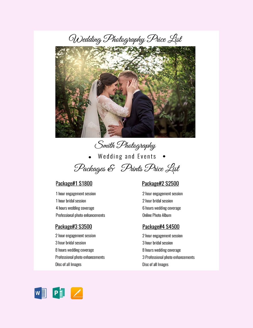 Wedding Photography Price List Template