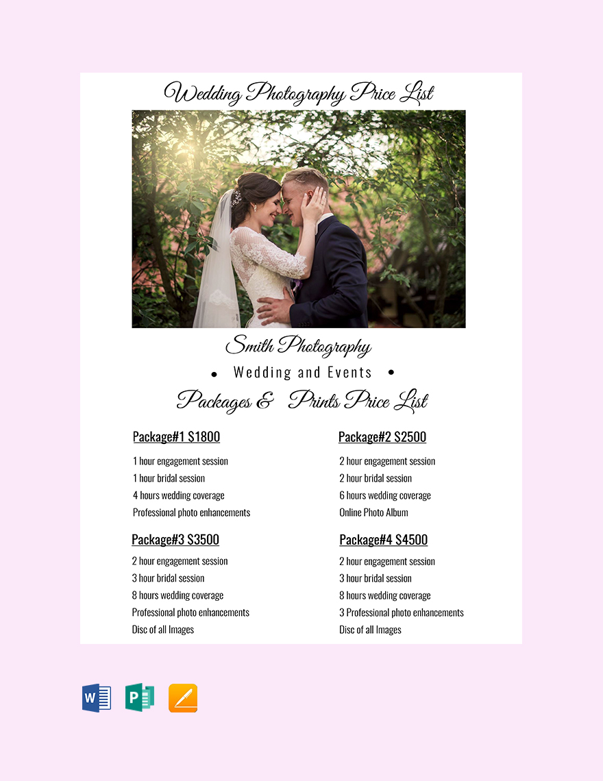 Wedding Photography Price List Template