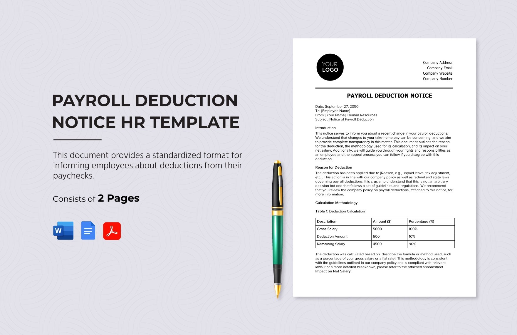 Payroll Deduction Notice HR Template