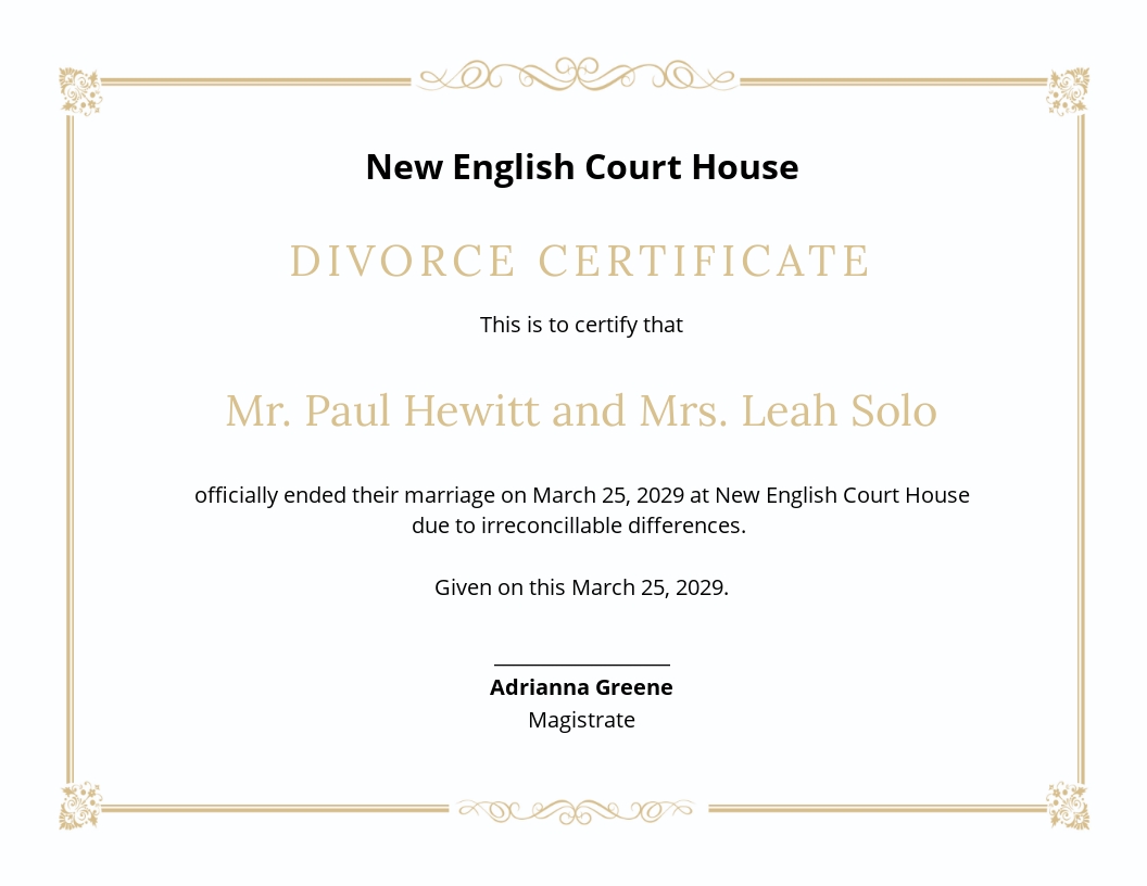 Divorce Certificate Template - Google Docs, Illustrator, InDesign, Word, Apple Pages, PSD, Publisher