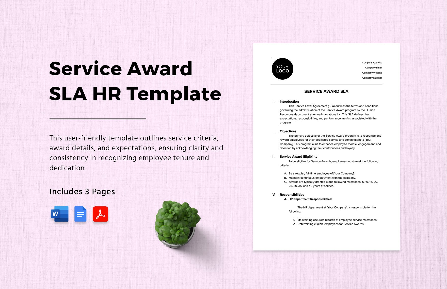Service Award SLA HR Template in Word, Google Docs, PDF