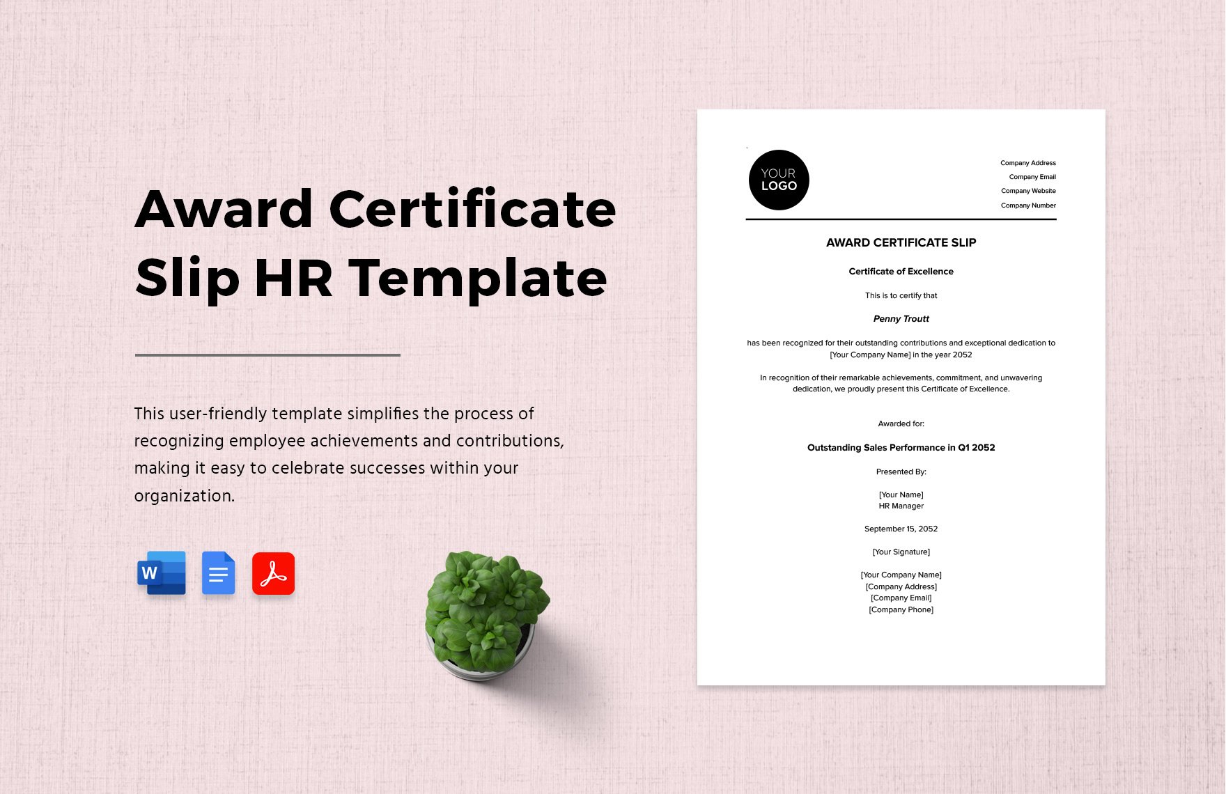 Award Certificate Slip HR Template in Word, Google Docs, PDF