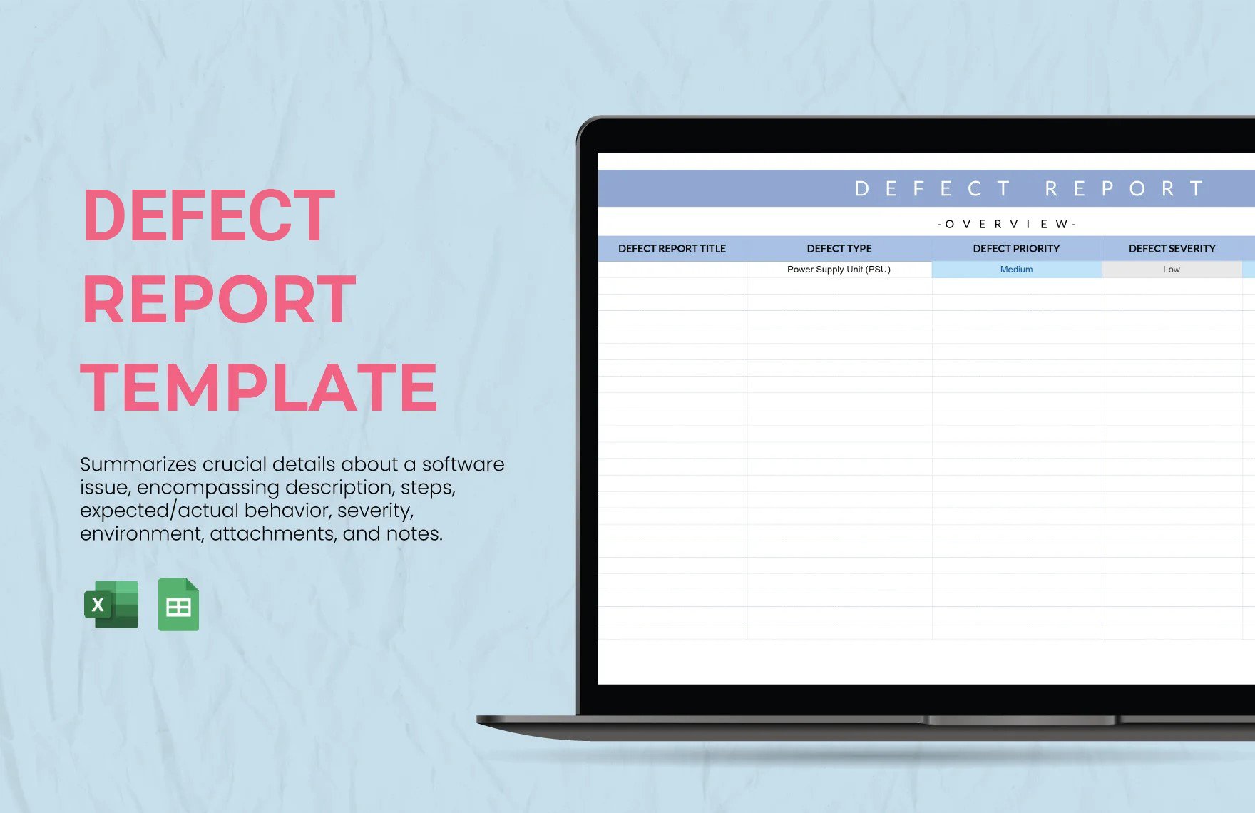 Defect Report Template in Excel, Google Sheets
