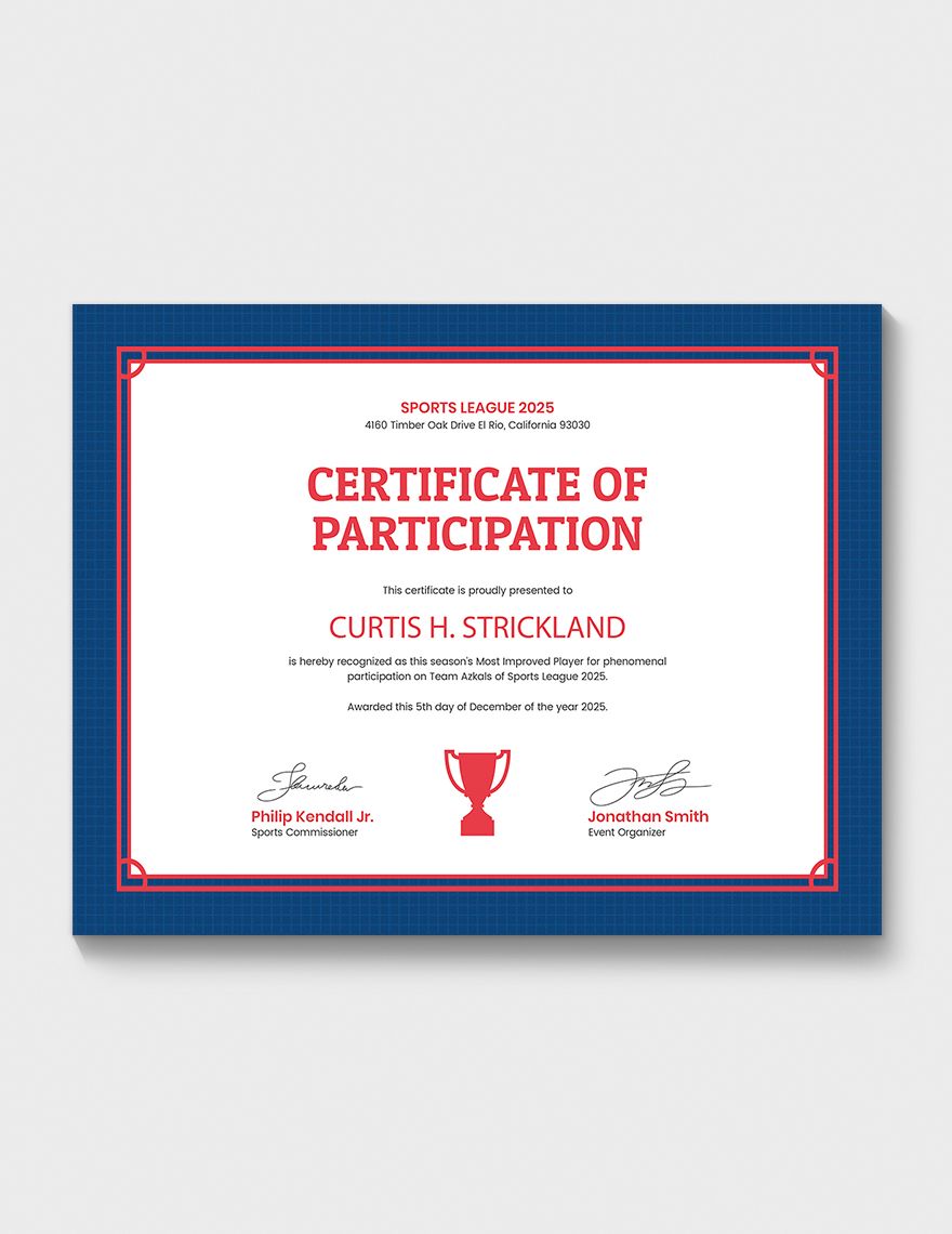 Improved Player Award Certificate Template
