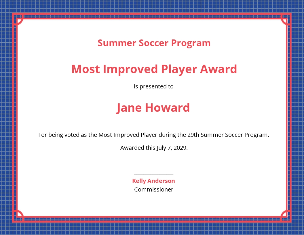 Free Improved Player Award Certificate Template - Illustrator, InDesign, Word, Apple Pages, PSD, Publisher