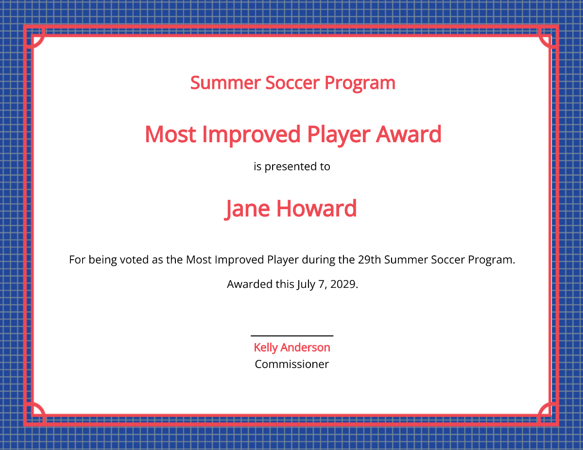 Improved Player Award Certificate Template