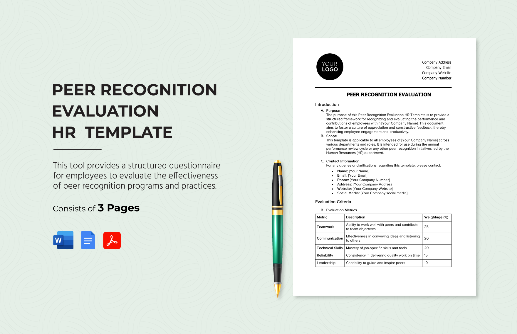 Peer Recognition Evaluation HR Template in Word, Google Docs, PDF