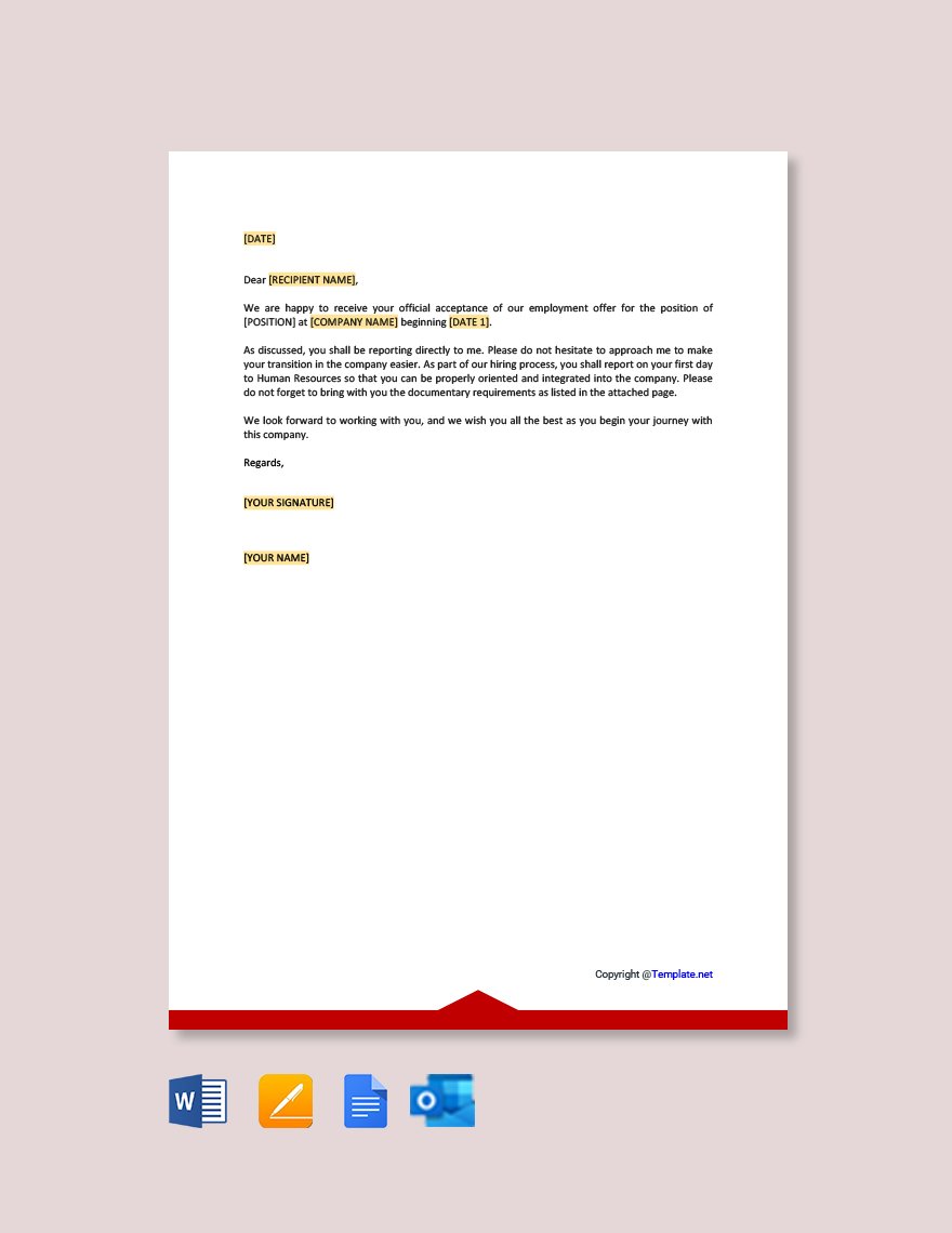 Company Acknowledgement Letter for Employee Template