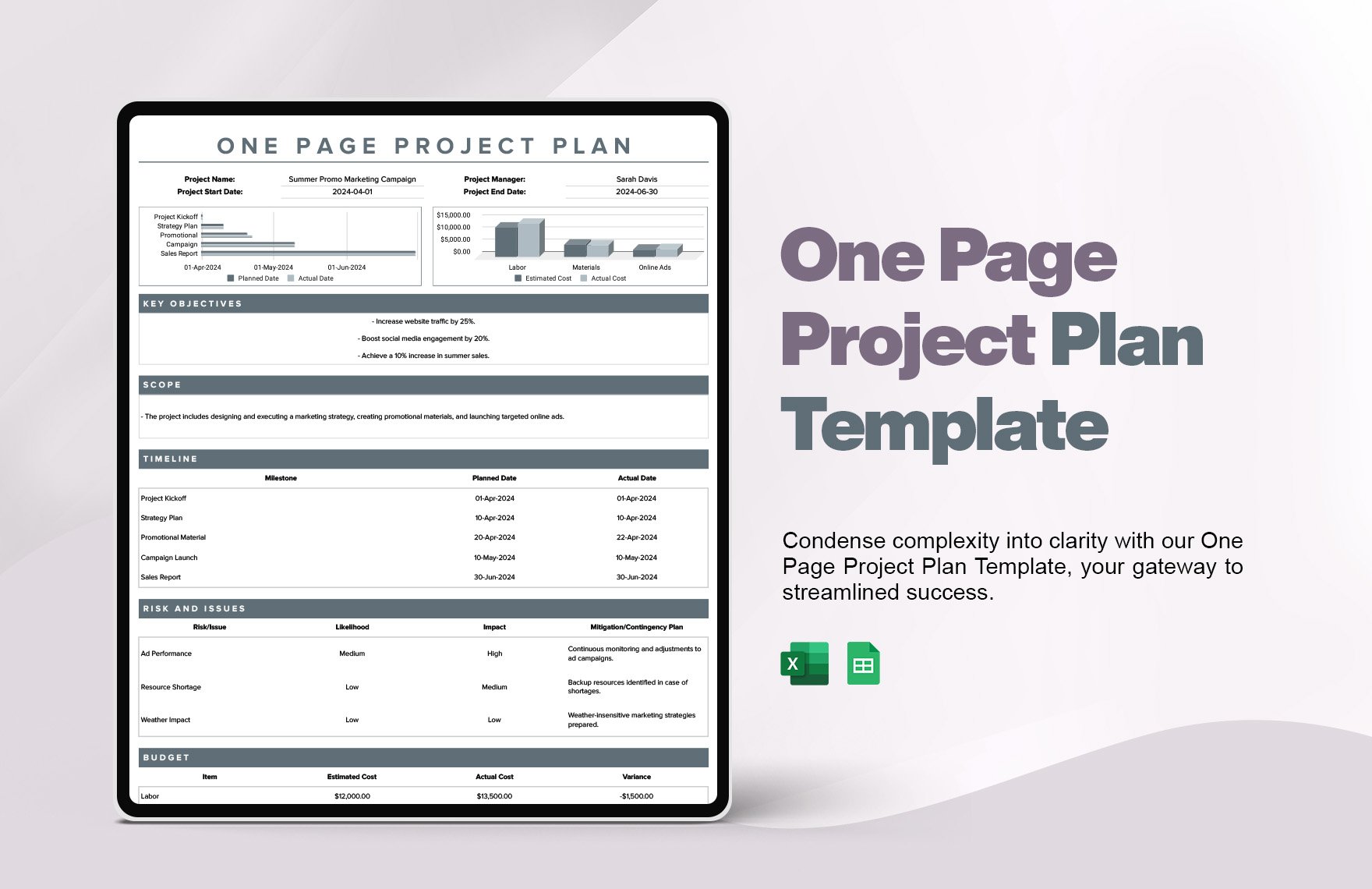 Free One Page Project Plan Template in Excel, Google Sheets