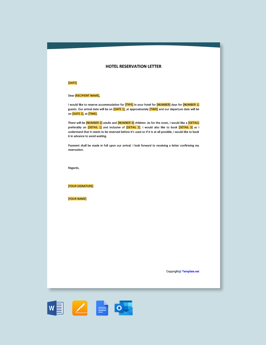 Hotel Reservation Letter Template in Google Docs, Pages, Word, Outlook, PDF - Download | Template.net