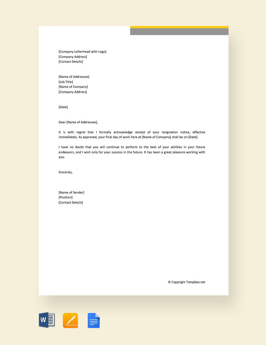 Free Resignation Acceptance Letter With Immediate Effect Template