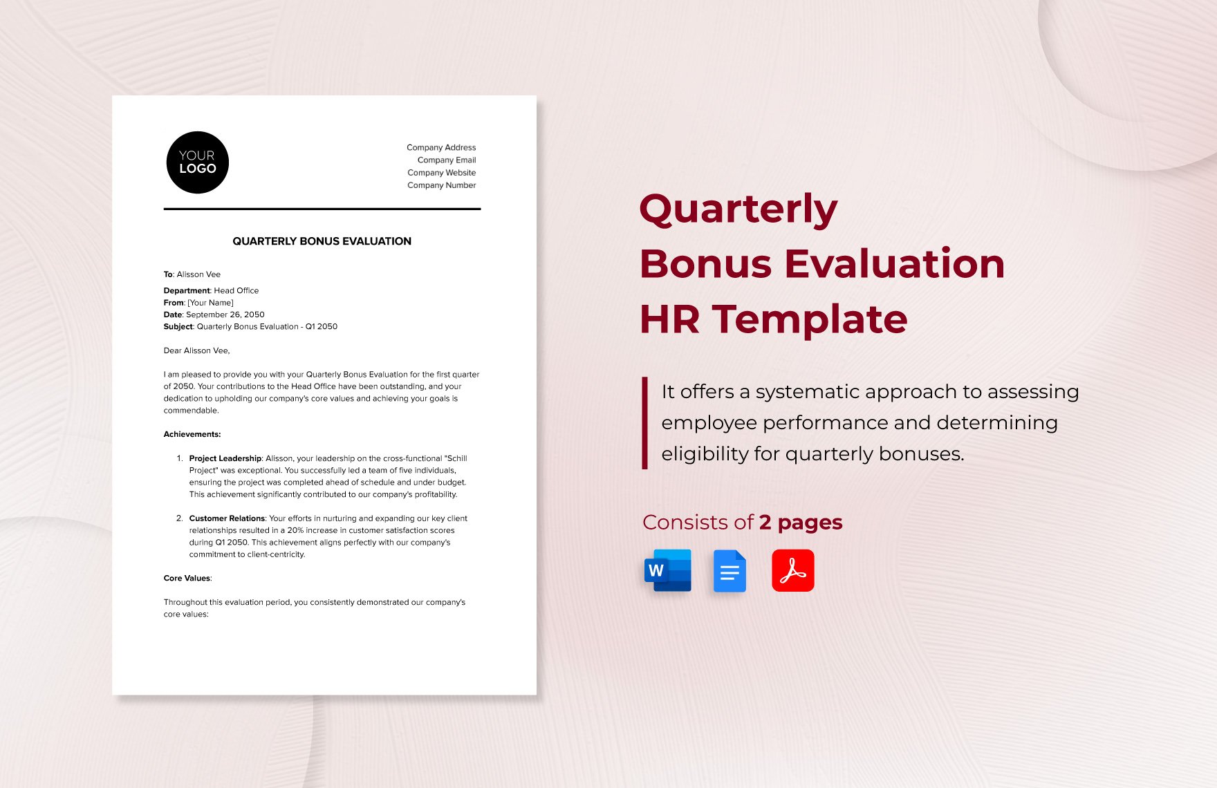 Quarterly Bonus Evaluation HR Template in Word, Google Docs, PDF