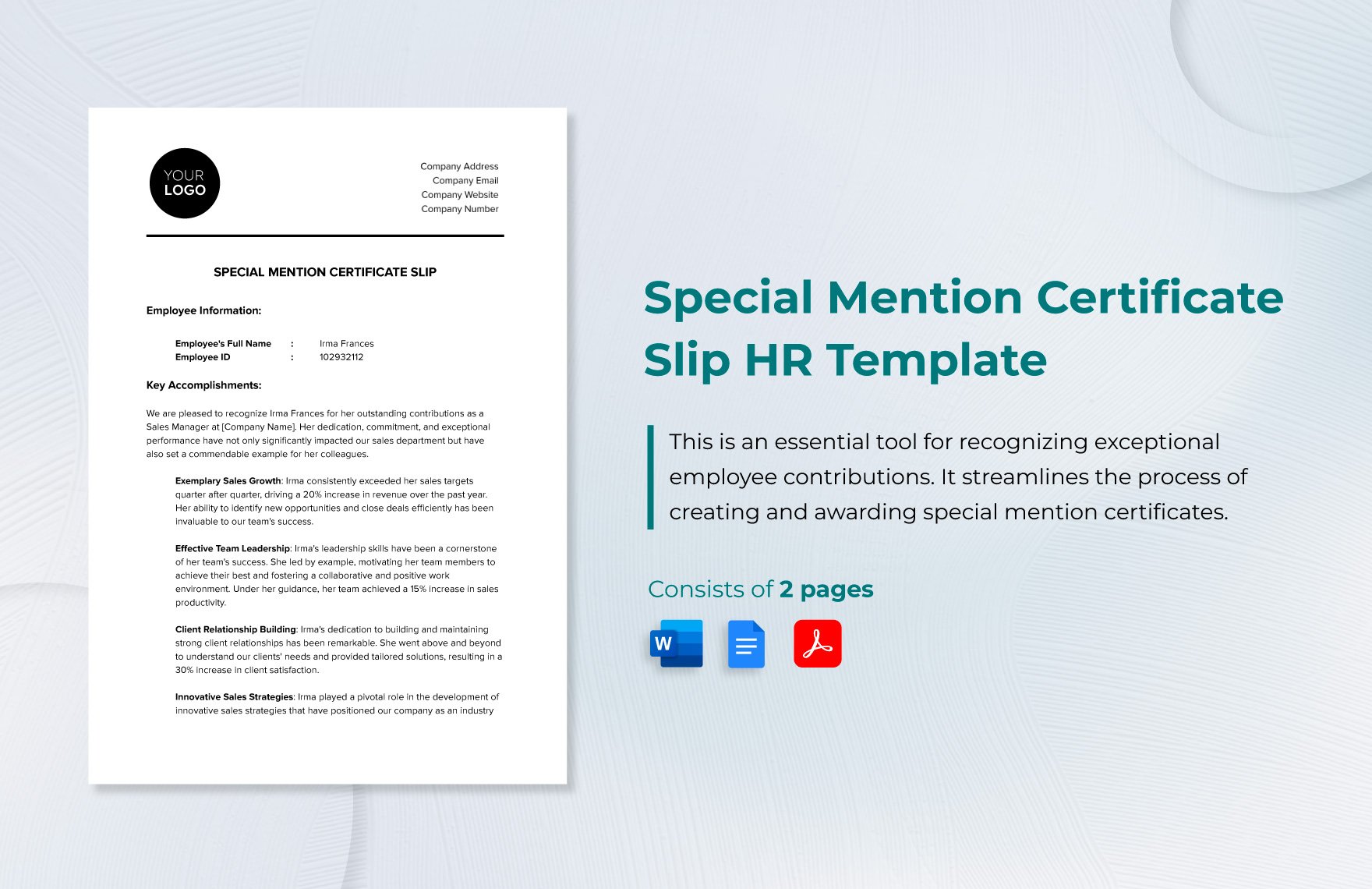 Special Mention Certificate Slip HR Template in Word, Google Docs, PDF