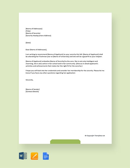 Free Sorority Recommendation Letter Template Word Google