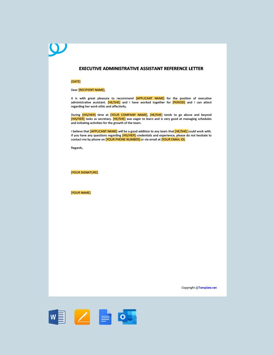 Executive Administrative Assistant Reference Letter Template