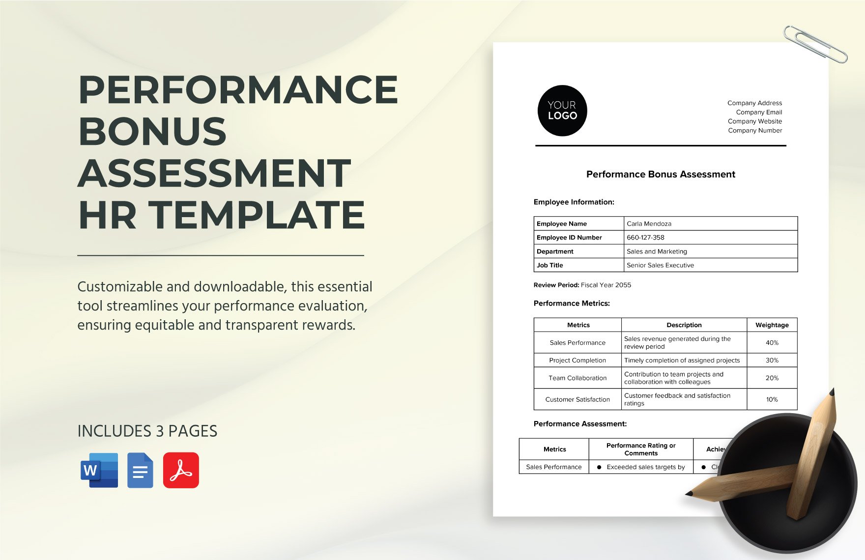 Performance Bonus Assessment HR Template in Word, Google Docs, PDF