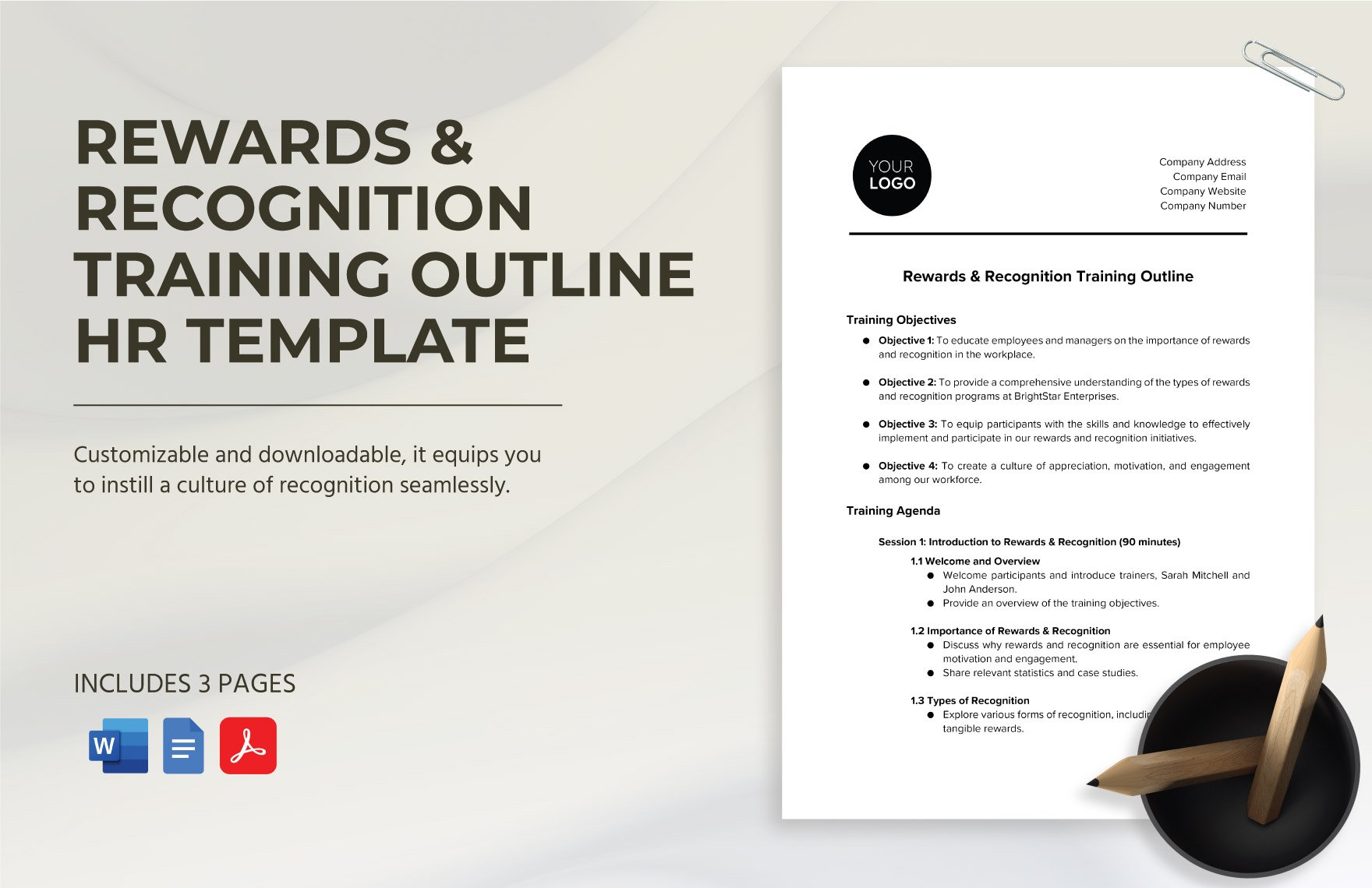 Rewards & Recognition Training Outline HR Template in Word, Google Docs, PDF