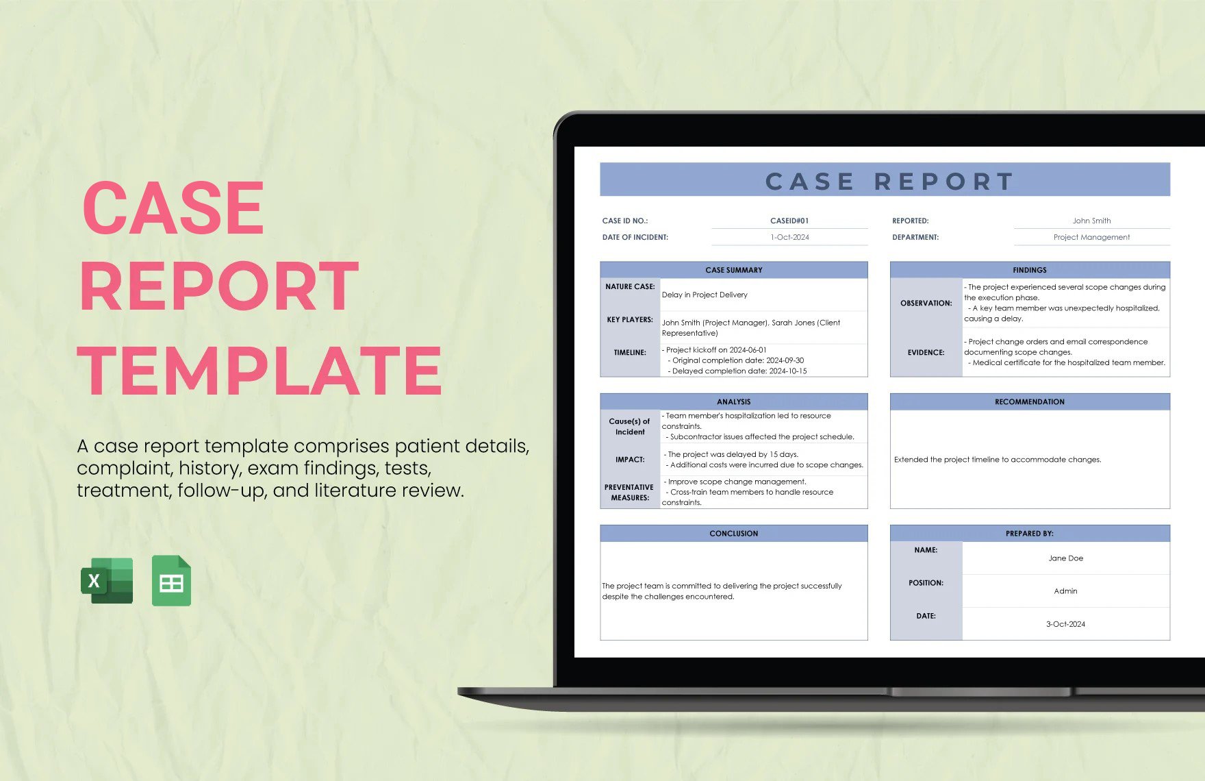 Case Report Template in Excel, Google Sheets