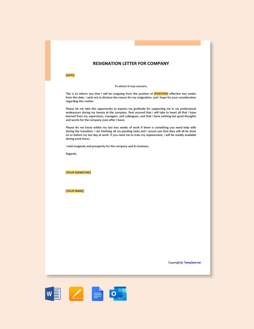 Resignation Letter For Company Template