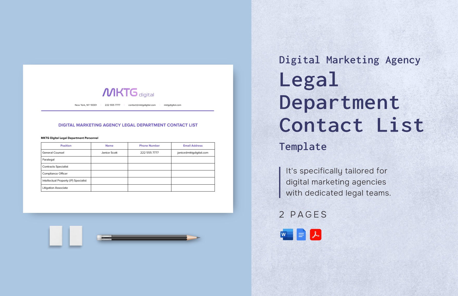 Digital Marketing Agency Legal Department Contact List Template