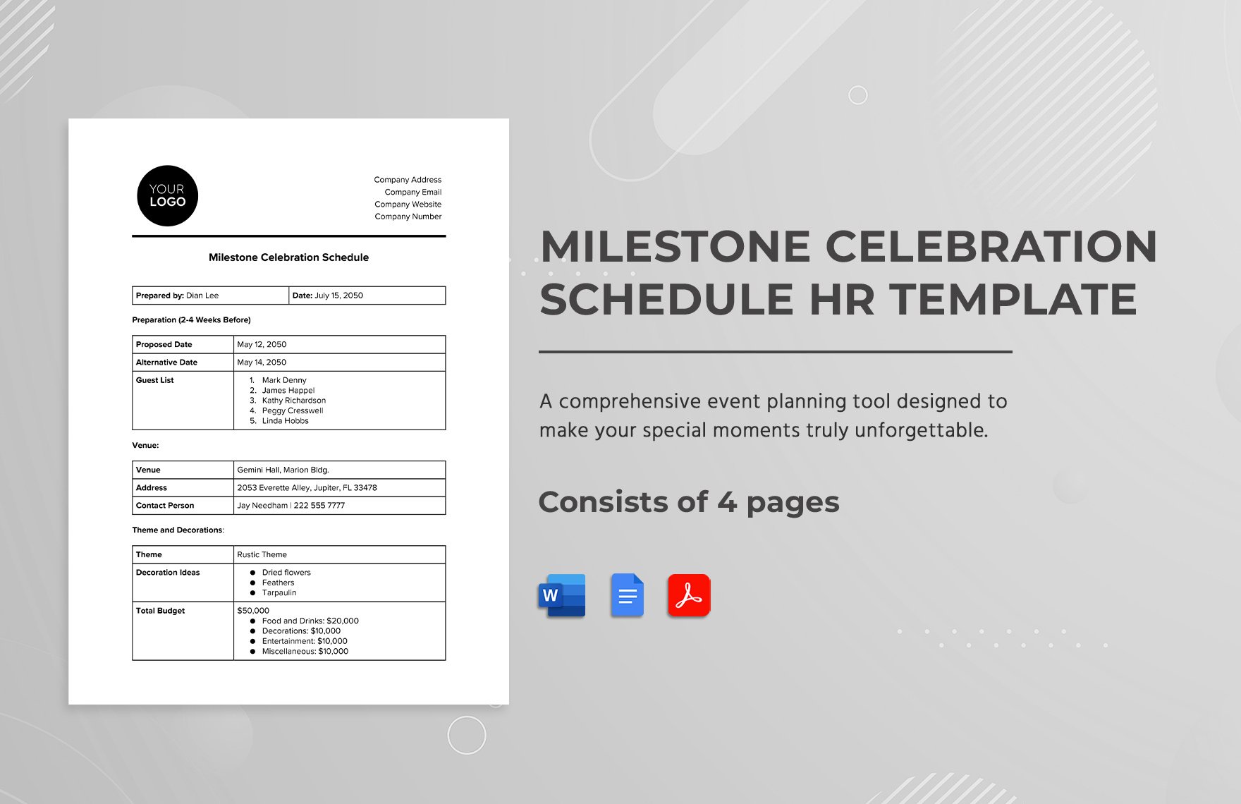 Milestone Celebration Schedule HR Template in Word, Google Docs, PDF