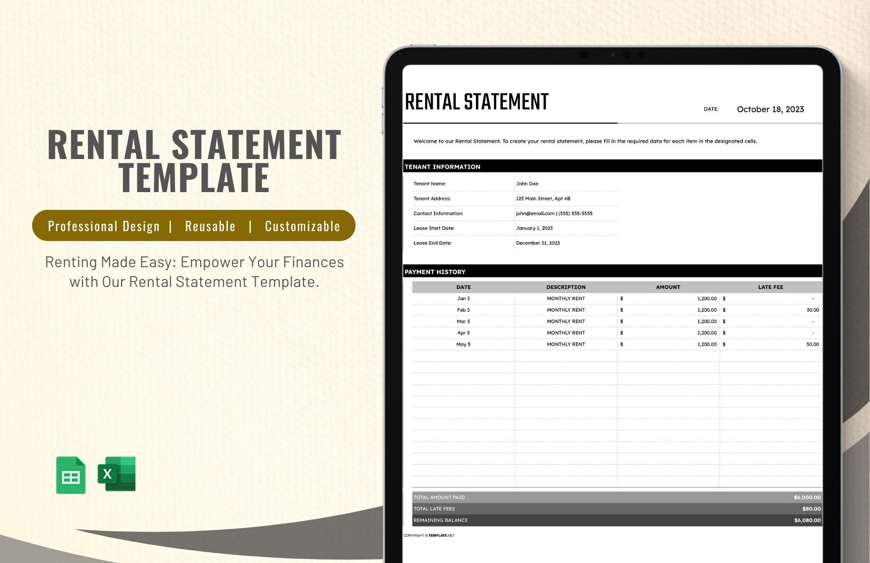 Free Rental Statement Template in Excel, Google Sheets